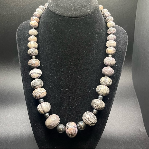 Sterling Silver Heavy Crazy Lace Agate Beaded Necklace Quartz Stone Toggle - Picture 4 of 12